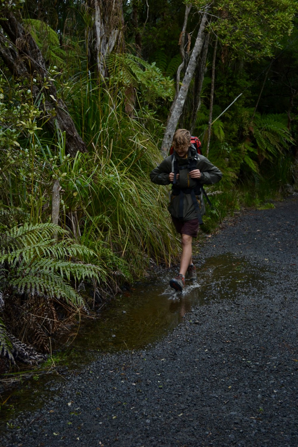 a man walking through a forest with a backpack