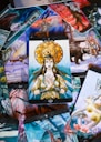 a painting of a woman surrounded by pictures of animals