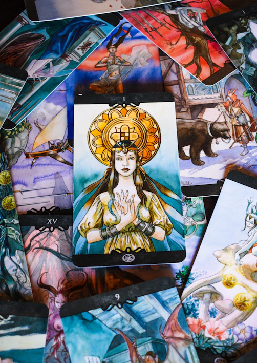 a painting of a woman surrounded by pictures of animals