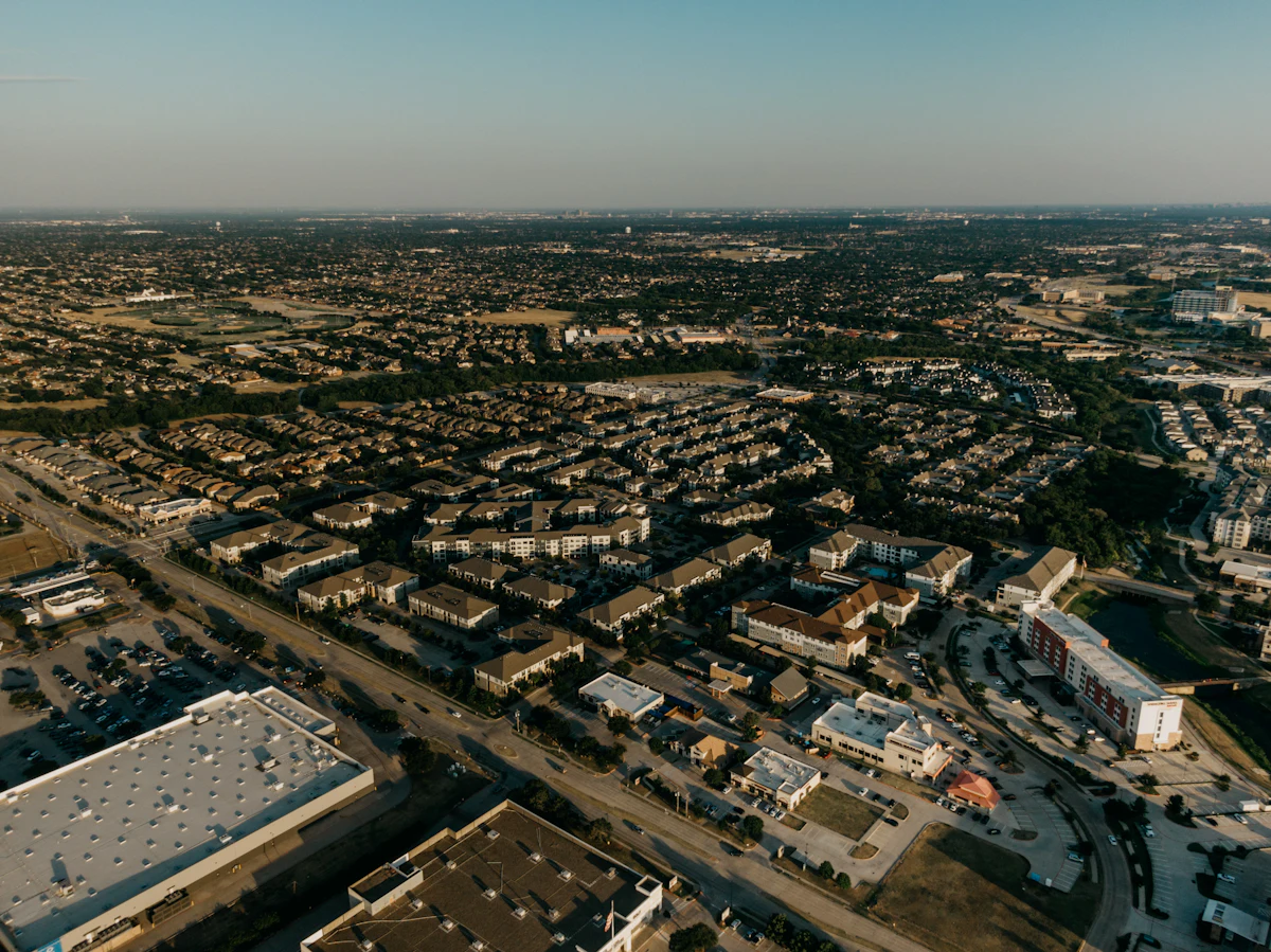Aerial view of a fast-growing North Texas city with new buildings and roads