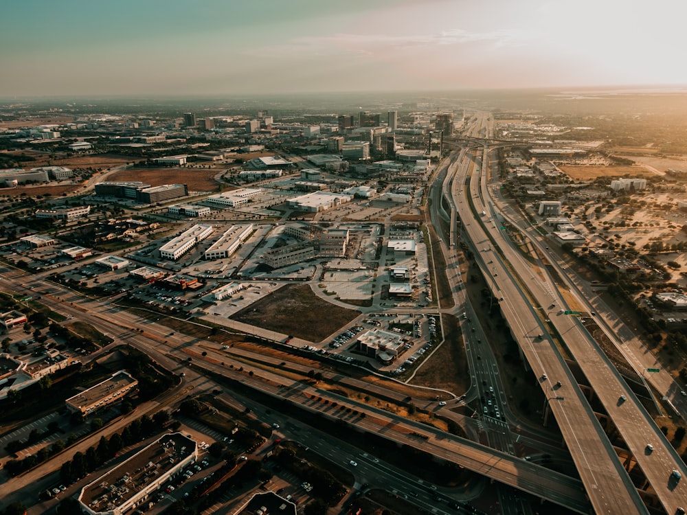 an aerial view of a highway in a city