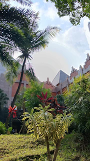 A tropical-themed courtyard with various lush green plants, red-leaved plants, and palm trees. The courtyard is surrounded by a building with unique architectural designs featuring a zigzagging roofline and a mix of red brick and stone walls. The clear blue sky and scattered clouds are visible overhead.