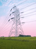 A large metal electricity pylon stands in a lush green field under a vibrant sky that transitions from a light pink to blue. Several power lines extend from the pylon, disappearing into the horizon. In the distance, a few trees are visible, adding to the serene landscape.