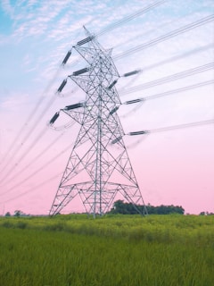 A large metal electricity pylon stands in a lush green field under a vibrant sky that transitions from a light pink to blue. Several power lines extend from the pylon, disappearing into the horizon. In the distance, a few trees are visible, adding to the serene landscape.