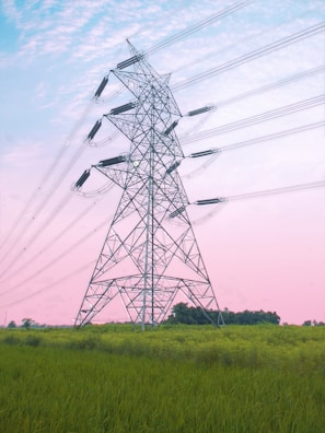 A large metal electricity pylon stands in a lush green field under a vibrant sky that transitions from a light pink to blue. Several power lines extend from the pylon, disappearing into the horizon. In the distance, a few trees are visible, adding to the serene landscape.