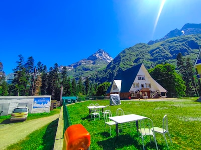 A tranquil outdoor seating area of a chalet.