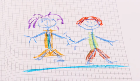 A cheerful illustration of a parent and child holding hands surrounded by playful kid-themed doodles.