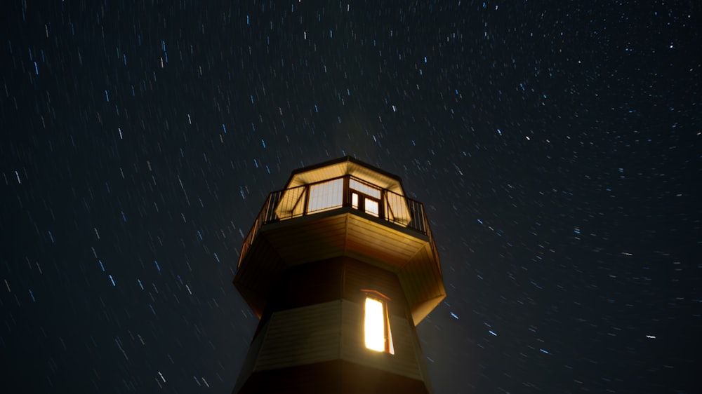 a light house is lit up at night