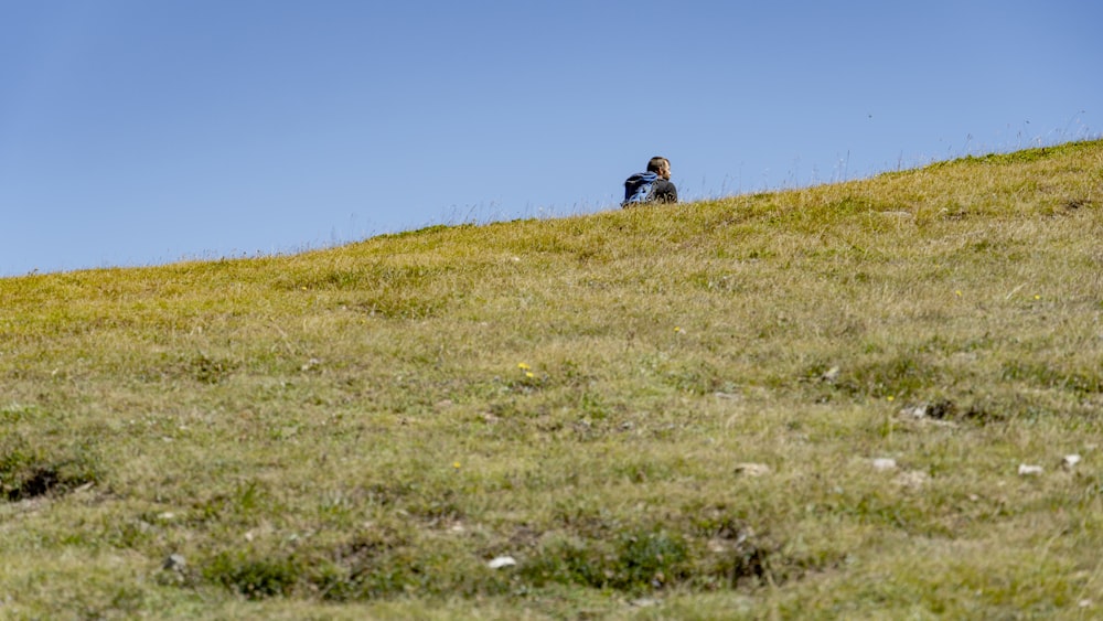 a person sitting on top of a grass covered hill