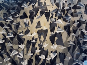 A multitude of white paper airplanes are suspended against a wall, casting intricate shadows. The airplanes are arranged at different angles, creating a dynamic and visually engaging pattern. The play of light and shadow adds depth and complexity to the scene.