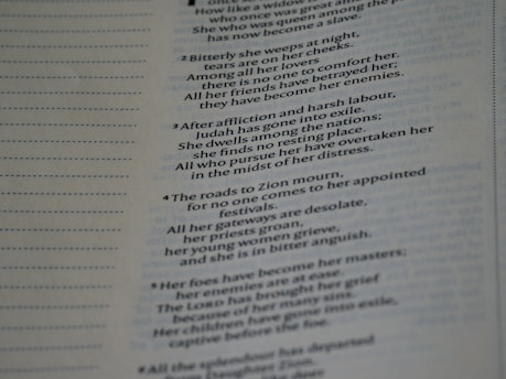 A close-up image of a page from a book showing text in two distinct columns. The text includes numbered sections with sentences, and there are dotted lines adjacent to the text, likely for note-taking.