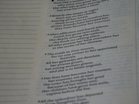 A close-up image of a page from a book showing text in two distinct columns. The text includes numbered sections with sentences, and there are dotted lines adjacent to the text, likely for note-taking.