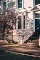 A well-maintained urban residential facade with a white brick exterior and ornate window moldings. A staircase with a black railing leads up to a striking blue door. A tree with dark red leaves adds contrast, with its shadows casting on the building's surface. The street in front features a double yellow line and a textured sidewalk.