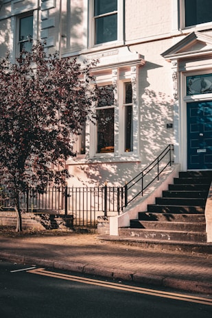 A well-maintained urban residential facade with a white brick exterior and ornate window moldings. A staircase with a black railing leads up to a striking blue door. A tree with dark red leaves adds contrast, with its shadows casting on the building's surface. The street in front features a double yellow line and a textured sidewalk.