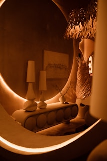 A stylish entryway featuring a custom-designed console table paired with unique decorative accents.