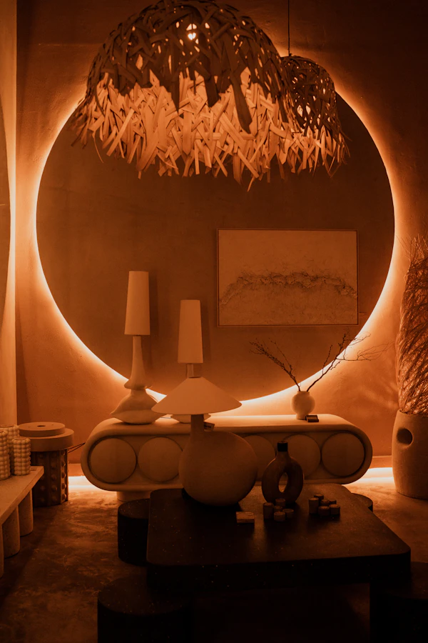 Sculptural console with table lamps against a terracotta wall
