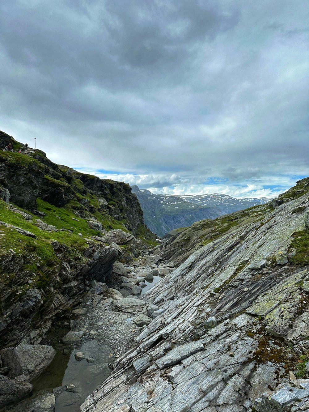 a rocky area with a small stream running through it