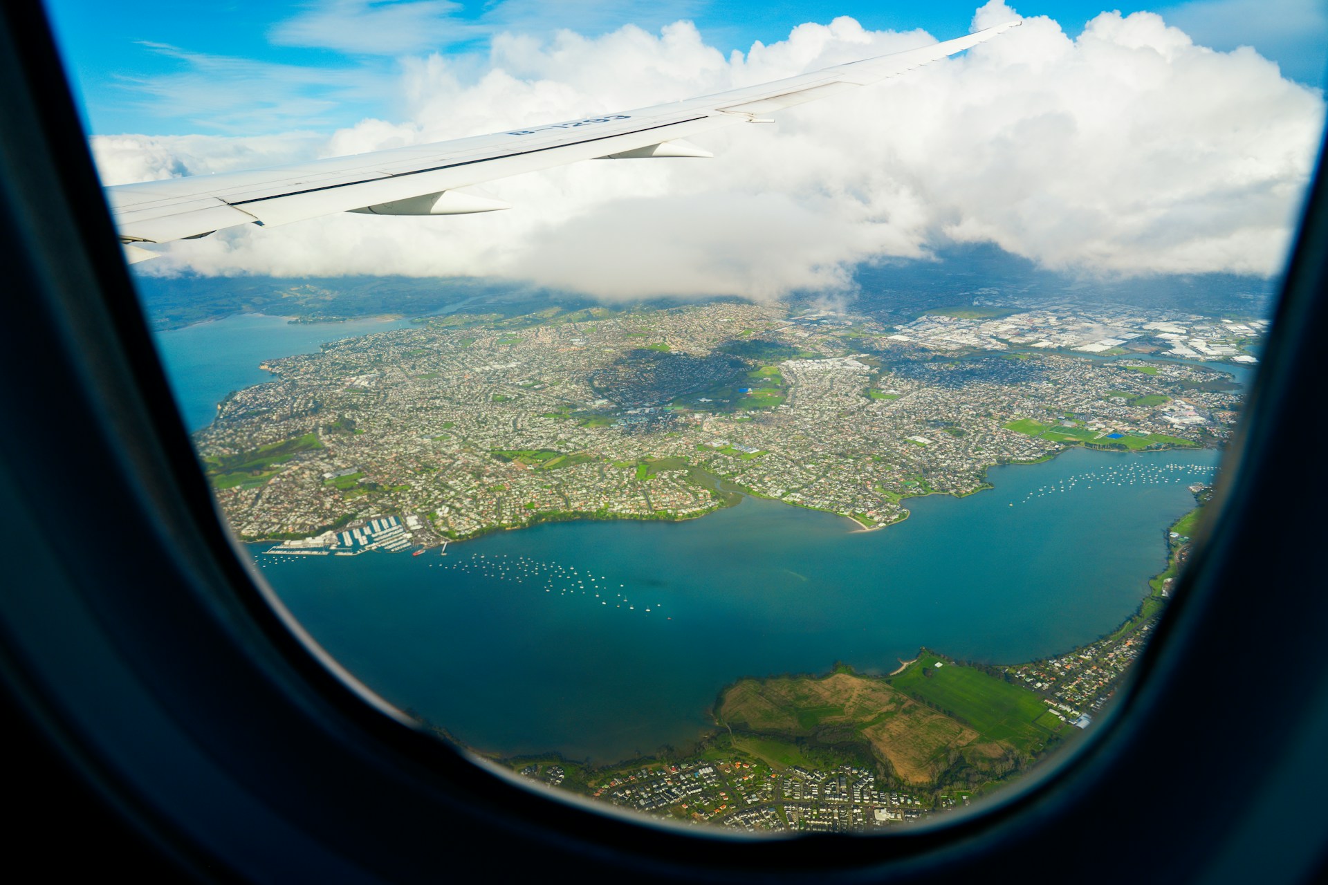 a view of a body of water from an airplane window