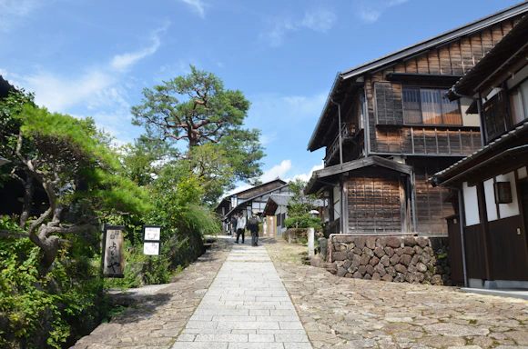 A serene rural village pathway lined with lush greenery and traditional homes under a clear sky.