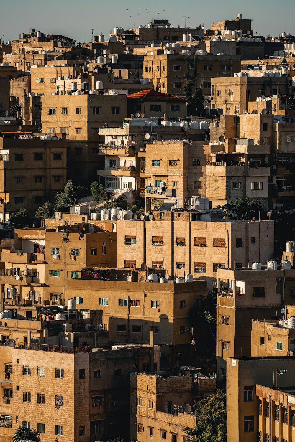 a view of a city with lots of brown buildings