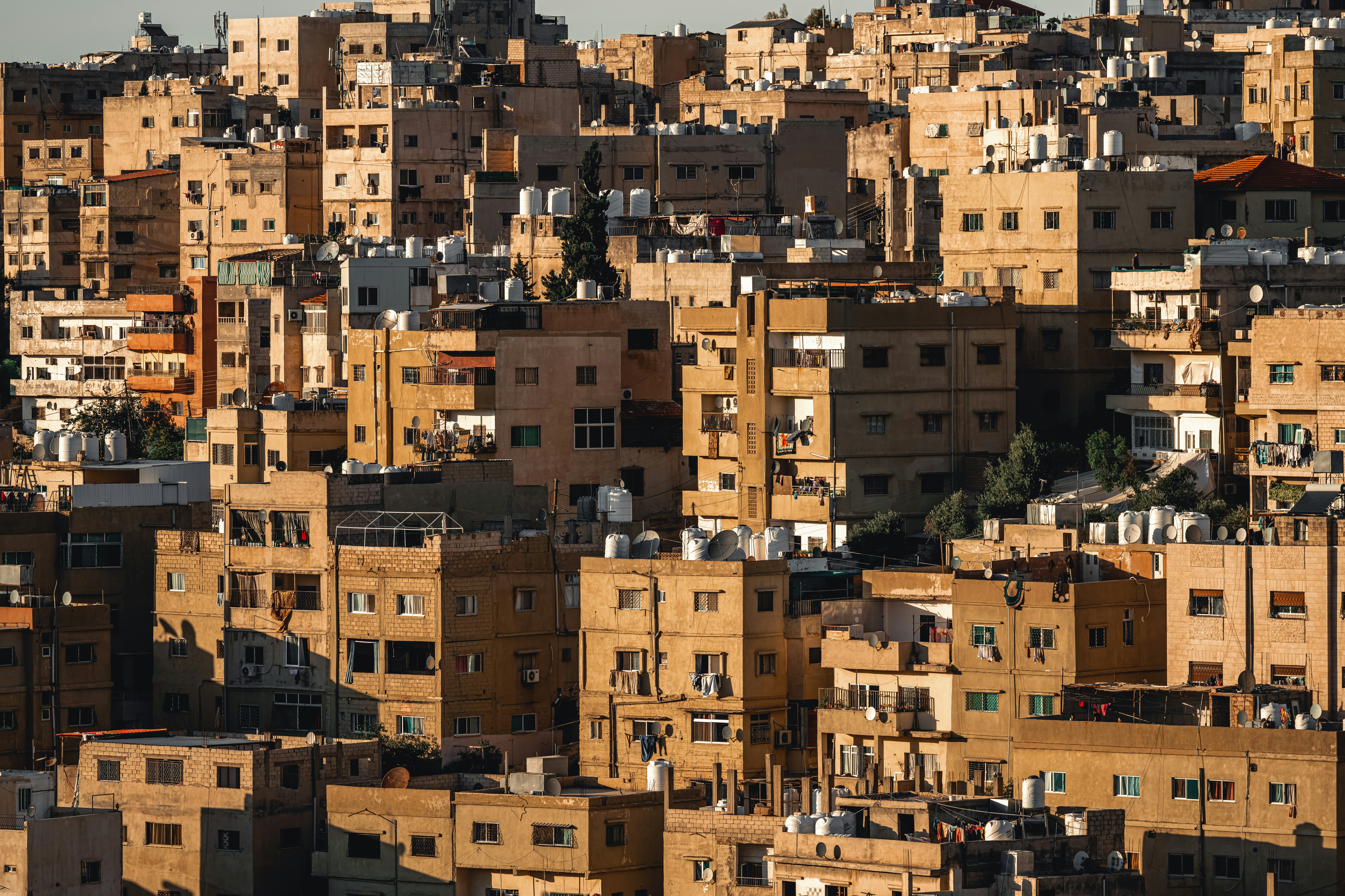 a large group of brown buildings in a city, 