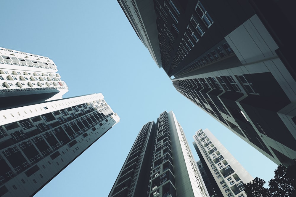 looking up at tall buildings in a city