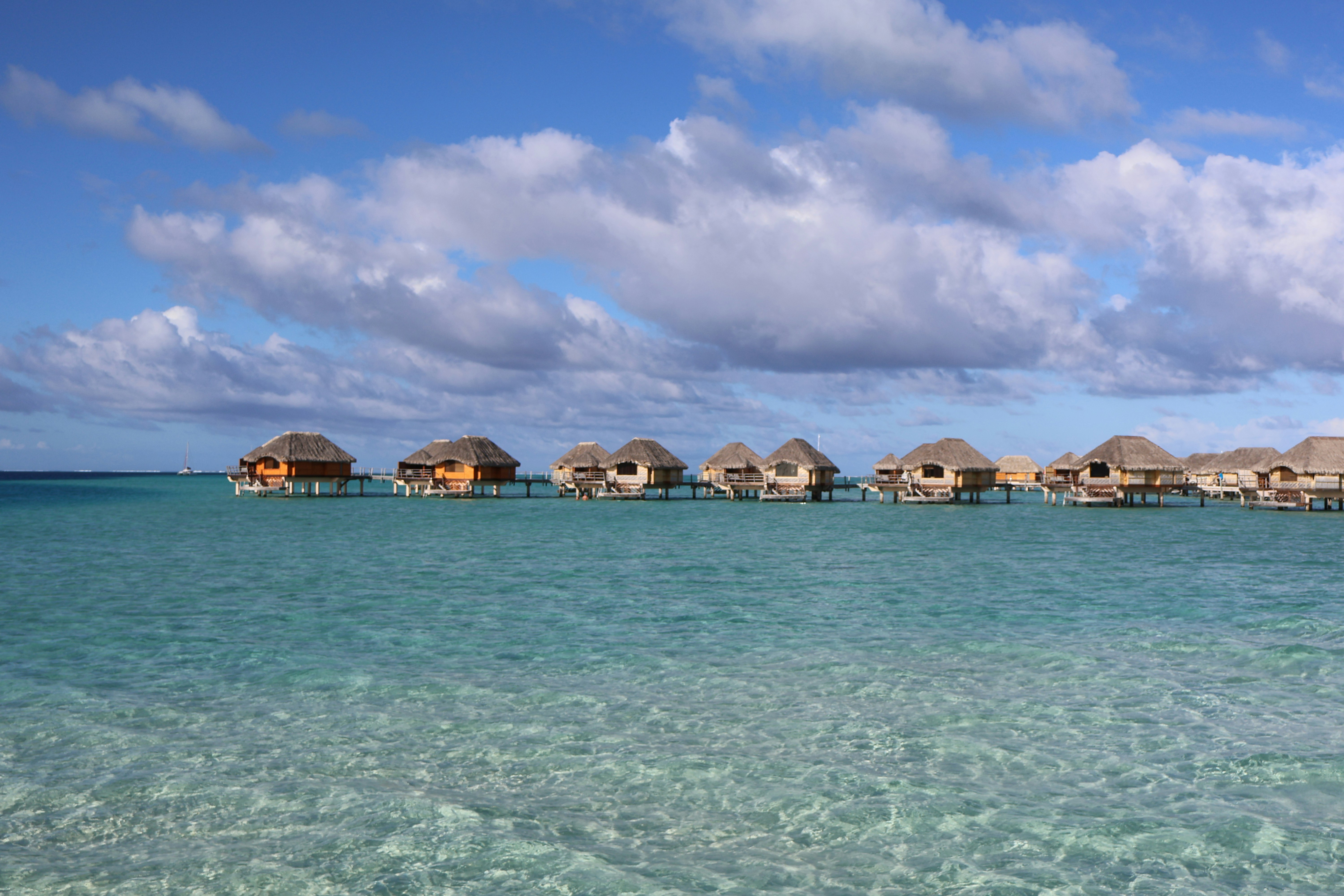 Maldives overwater bungalows above crystal clear turquoise lagoon, bright tropical light