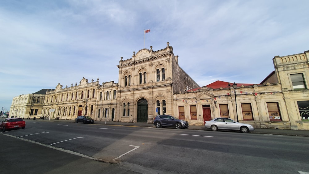 a large building with a flag on top of it