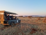 A safari vehicle with an open roof is parked on a dry, grassy landscape. Several people are seated in the vehicle, observing the surroundings, possibly on a wildlife expedition. The area is filled with shrubs and sparse trees under a clear sky, with distant mountains visible on the horizon.