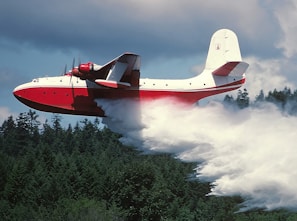 A waterbombing aircraft releasing water over a forest fire during a firefighting mission.