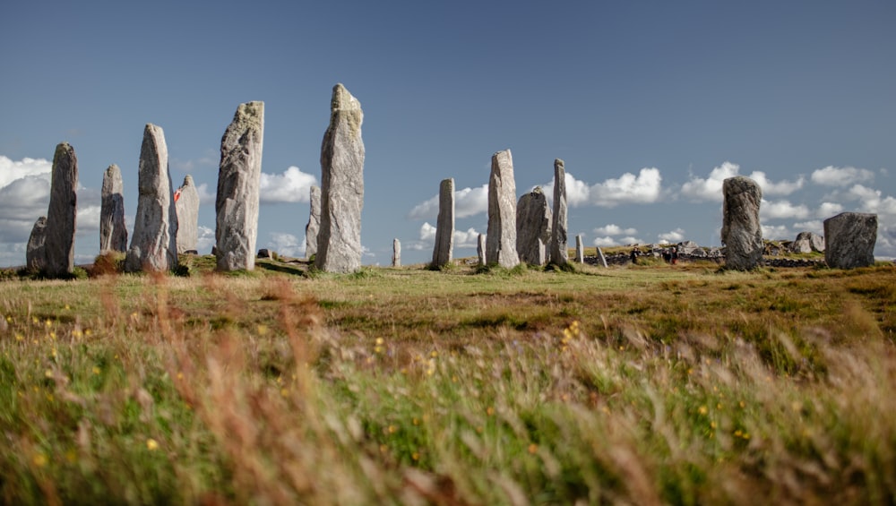 a group of stonehenge standing in a grassy field