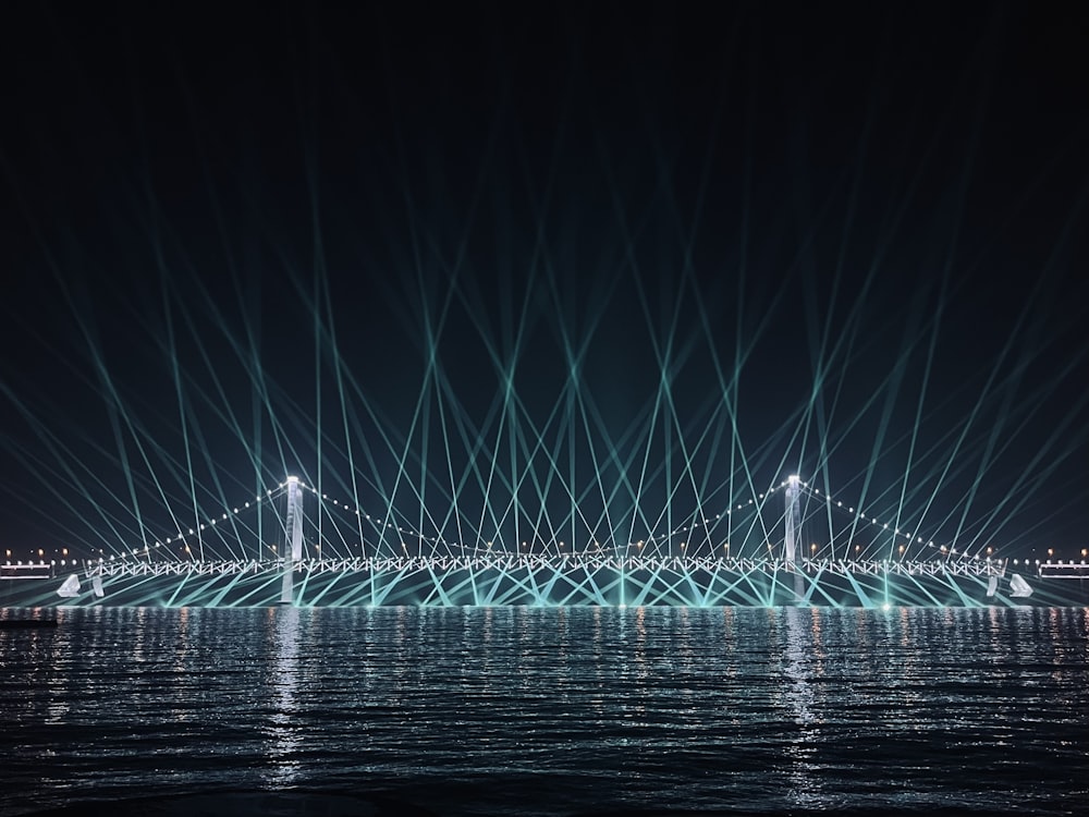 a long exposure photo of a bridge at night