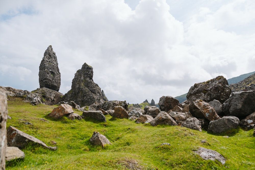 a grassy area with rocks and grass on a cloudy day