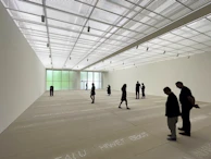 An elegant wide shot of a modern art gallery space bathed in soft natural light.