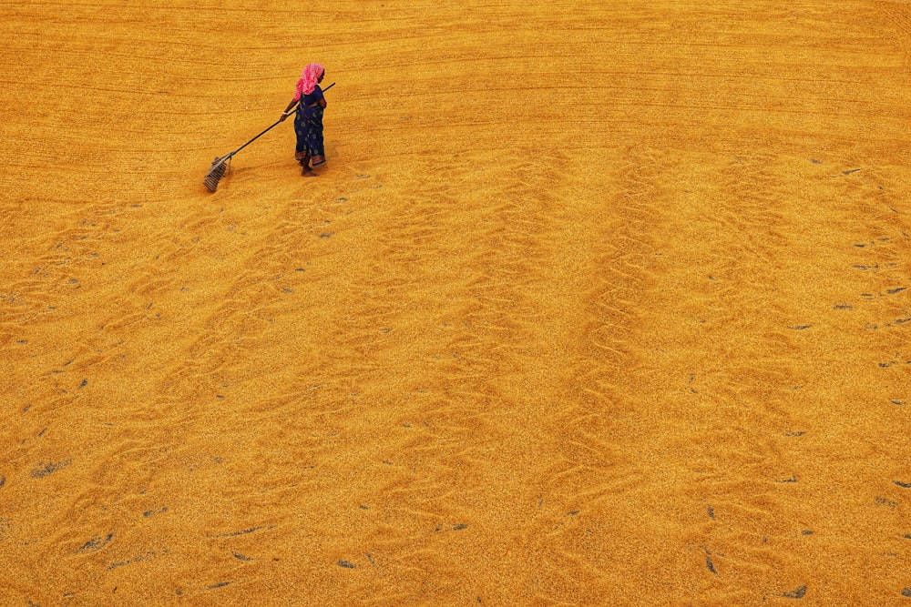 a person in a field with a broom