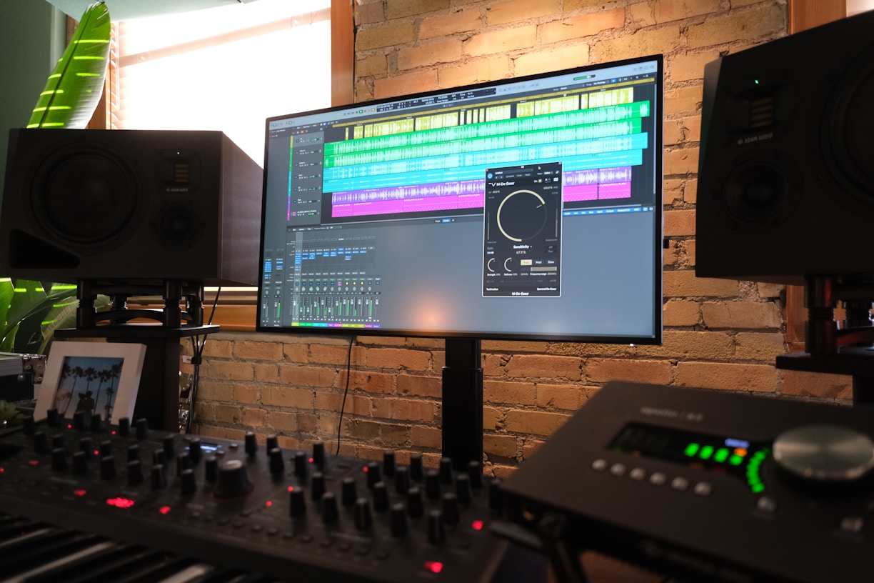 A vibrant studio setup with music production gear and sample packs displayed