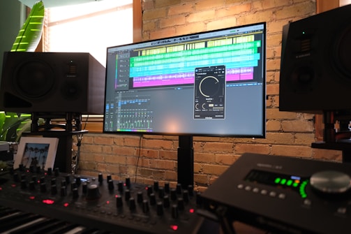 A home music studio setup featuring a large monitor displaying audio mixing software with colorful waveforms and controls. Two prominent black studio speakers are positioned on either side of the monitor. A variety of electronic music equipment, such as a keyboard and audio interface, is visible in the foreground. The workspace is against a brick wall with natural light coming through a window, and there is a plant and a framed picture nearby.