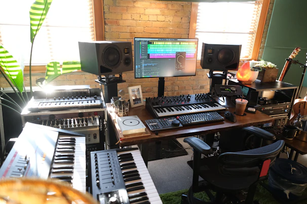 A cozy home studio with mixing equipment and vinyl records scattered around