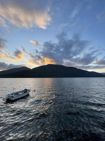 A serene lake scene with a small boat floating near the shore at dusk.