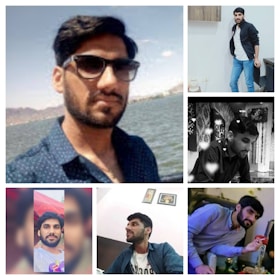 A collage of six images featuring the same man in different settings, including outdoors by a body of water, inside a room with decor, and dining at a table. The images vary in color and style, with one appearing in black and white.