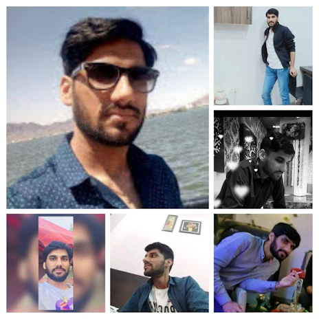 A collage of six images featuring the same man in different settings, including outdoors by a body of water, inside a room with decor, and dining at a table. The images vary in color and style, with one appearing in black and white.