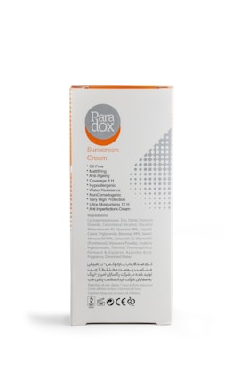 a white box with an orange label on it