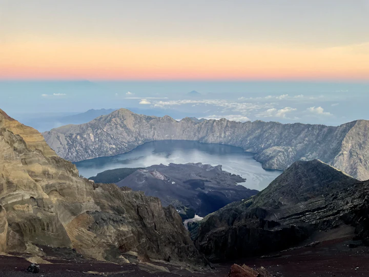 Rinjani crater lake seen from above