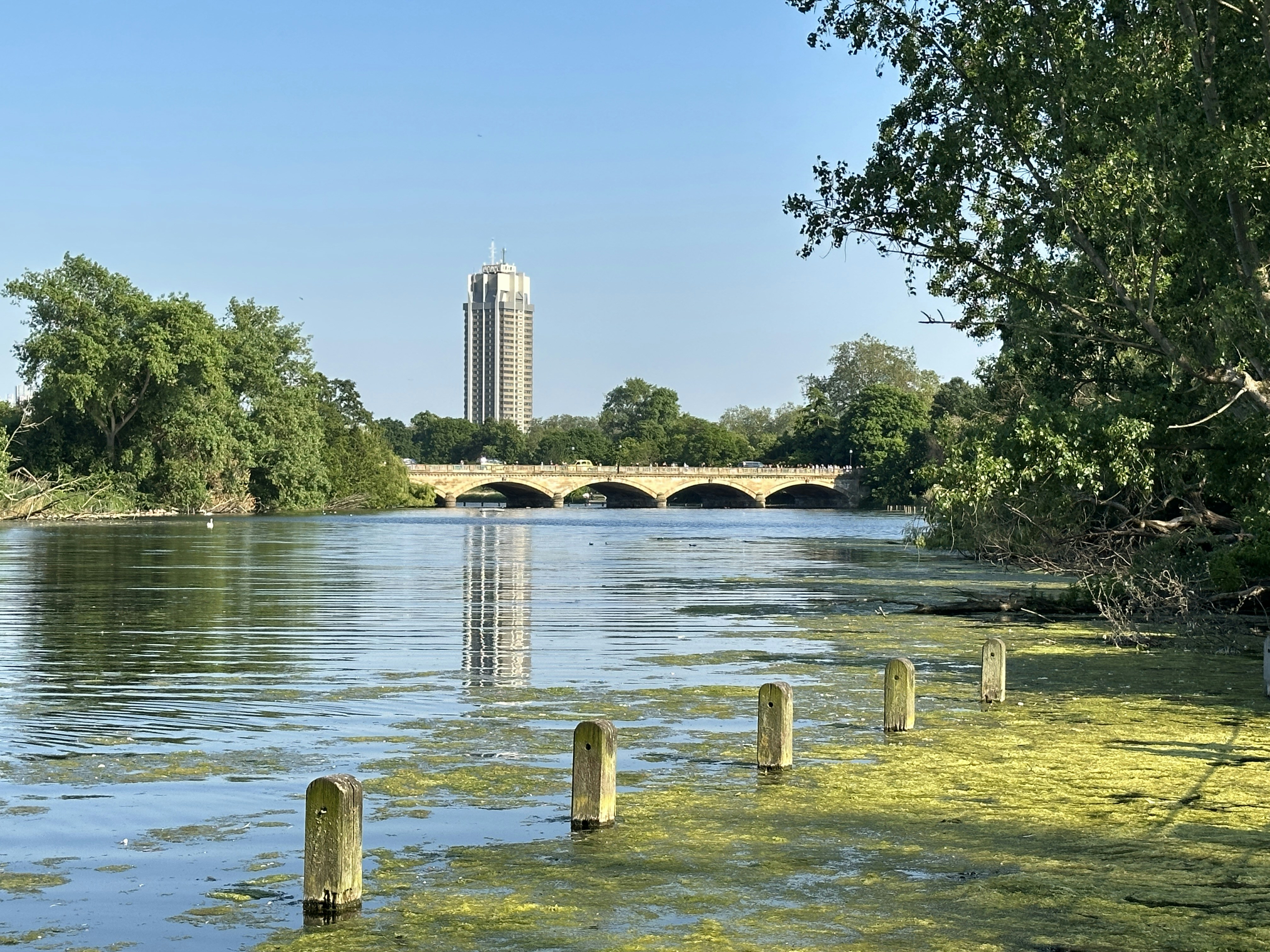 a body of water with a bridge in the background