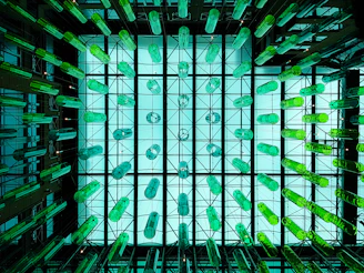 a very large room with a lot of green objects in it