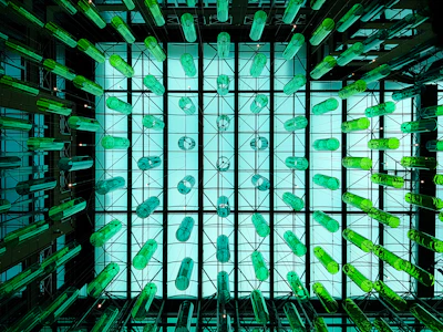 a very large room with a lot of green objects in it