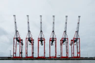 A fleet of cranes lined up at a busy industrial yard ready for deployment.
