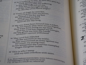 A close-up view of an open book displaying text in a poetic layout, with lines of varying lengths and indentation. The font is clear, and the page appears to be from a religious or scholarly text, possibly a Bible, due to the structured verse format and references to theological themes.