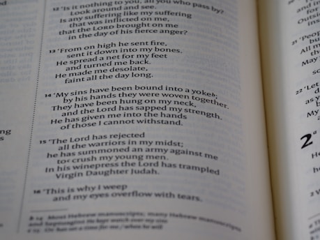 A close-up view of an open book displaying text in a poetic layout, with lines of varying lengths and indentation. The font is clear, and the page appears to be from a religious or scholarly text, possibly a Bible, due to the structured verse format and references to theological themes.