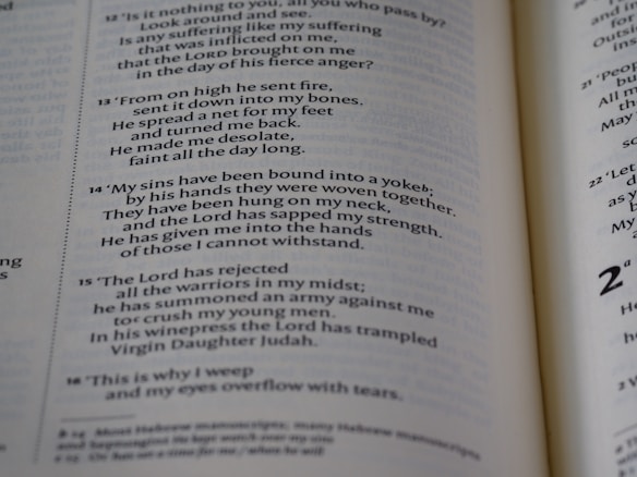 A close-up view of an open book displaying text in a poetic layout, with lines of varying lengths and indentation. The font is clear, and the page appears to be from a religious or scholarly text, possibly a Bible, due to the structured verse format and references to theological themes.